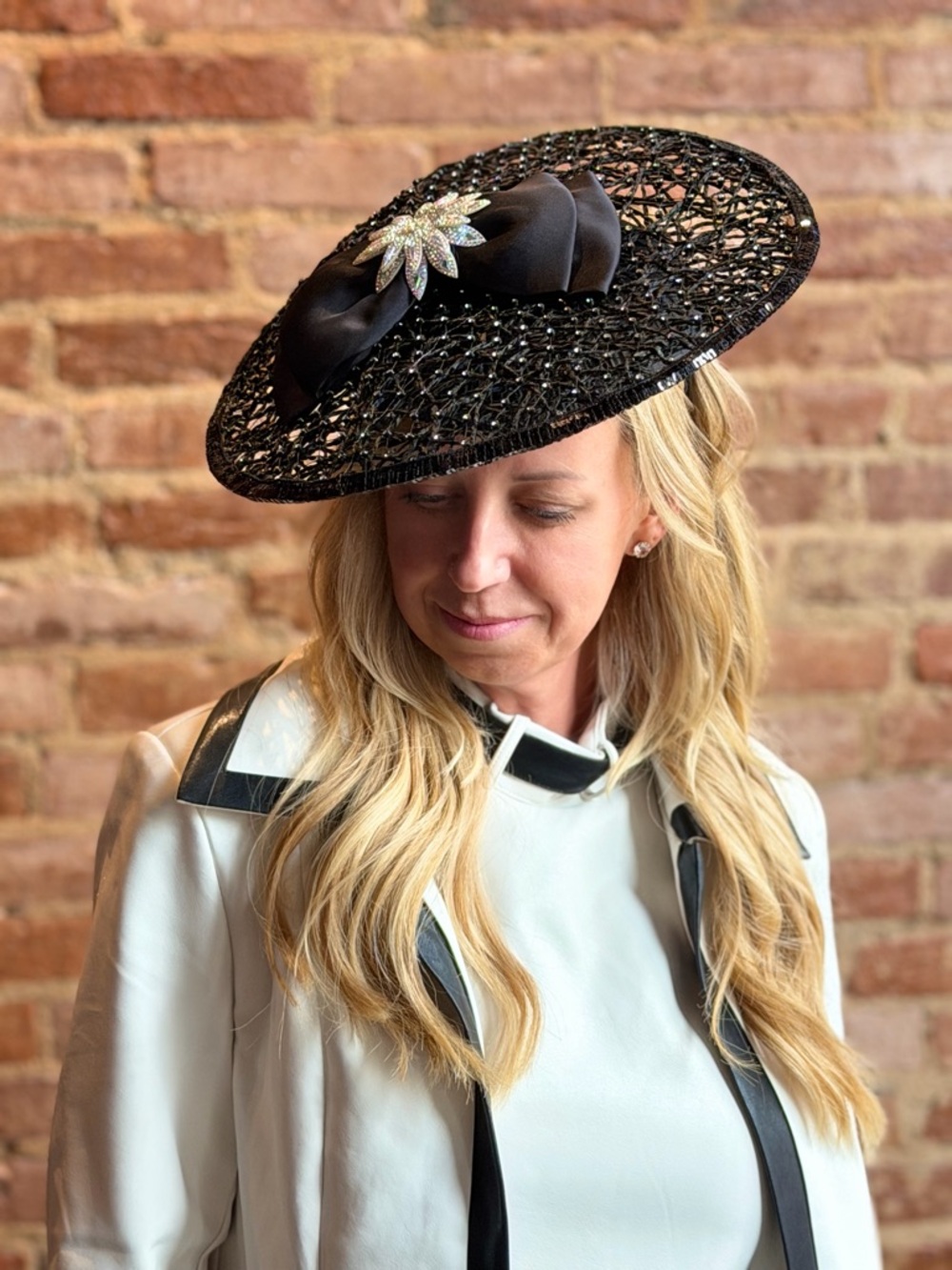 Black Woven Fascinator Hat with Satin Bow and Crystal Accent - Picture 2 of 5